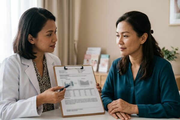 A patient and doctor review a blurred medical report in a clinic.