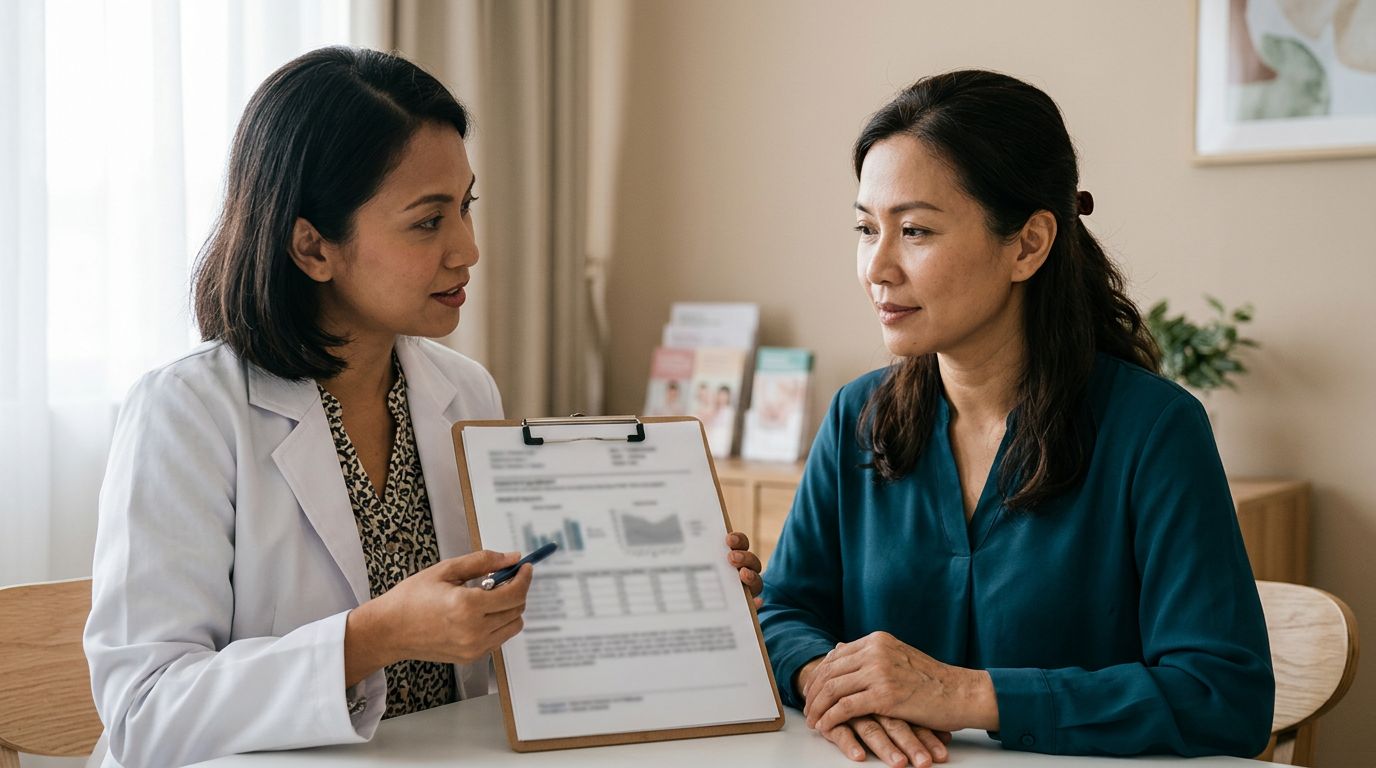 A patient and doctor review a blurred medical report in a clinic.
