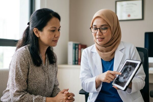 A patient and oncologist review a scan on a tablet.