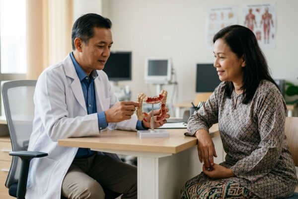 A doctor shows a patient a model of the colon in a bright consultation room.