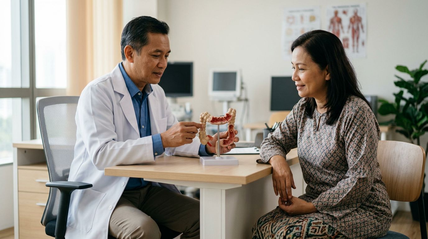 A doctor shows a patient a model of the colon in a bright consultation room.