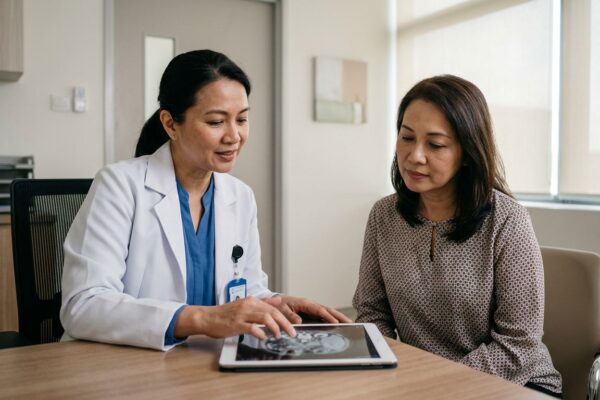 A surgeon explains an abdominal scan to a patient in a Malaysian hospital consultation room.