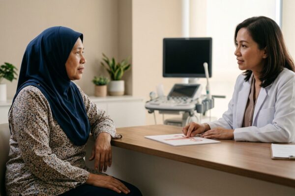 A woman discusses her health with a doctor in a Malaysian clinic.