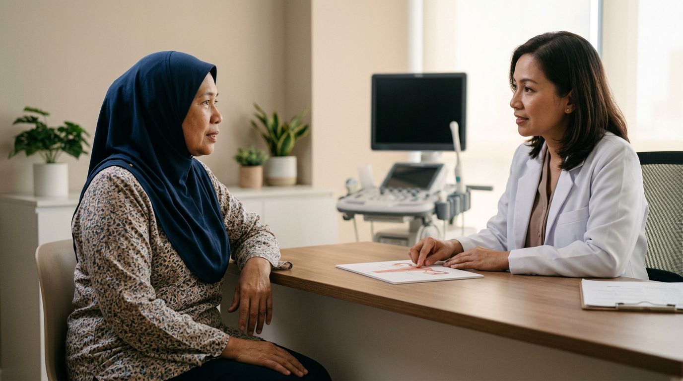 A woman discusses her health with a doctor in a Malaysian clinic.