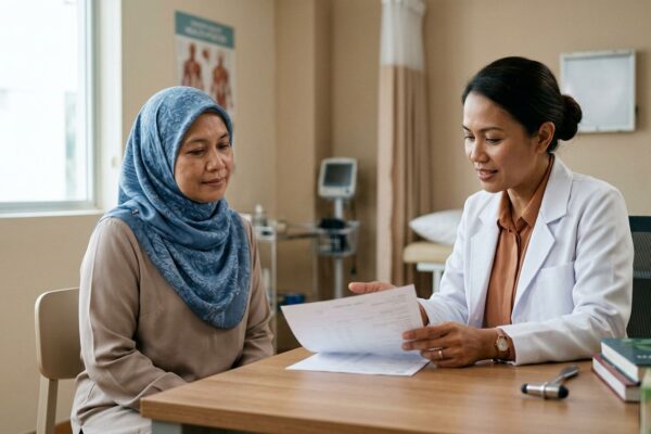 A woman discusses blurred test results with a doctor at a clinic desk.