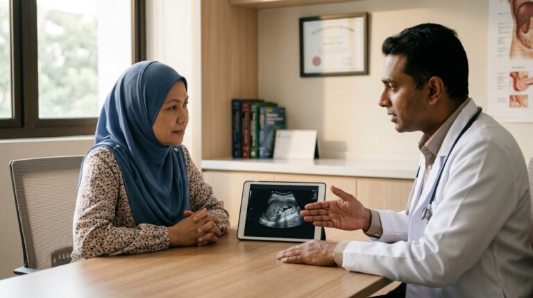 A woman discusses kidney health with a doctor holding a tablet in a clinic.