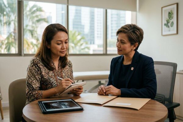 A woman discusses breast treatment options with a surgeon at a clinic table.