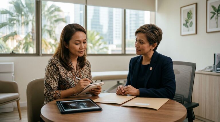 A woman discusses breast treatment options with a surgeon at a clinic table.