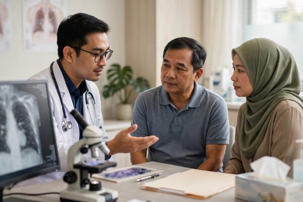 A Malaysian doctor discusses lung biopsy options with a patient and caregiver.
