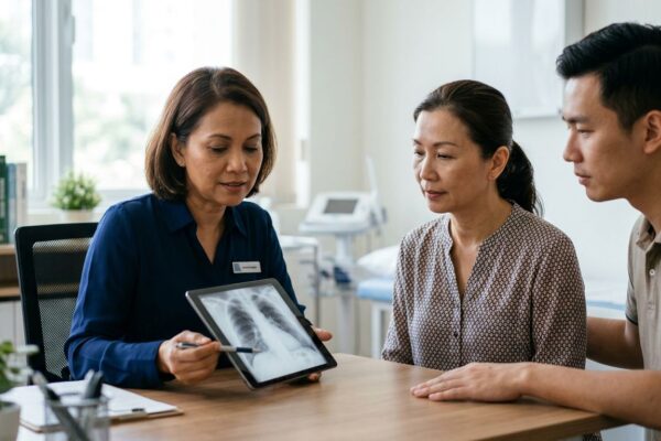 A patient, doctor, and family member review a lung scan on a tablet.