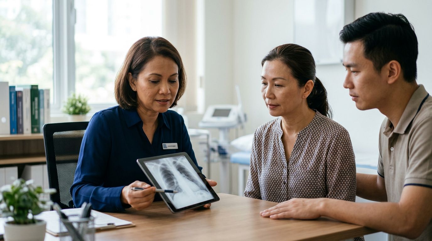 A patient, doctor, and family member review a lung scan on a tablet.