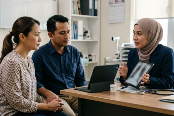 A doctor discusses scan images with a woman and her spouse in a clinic.