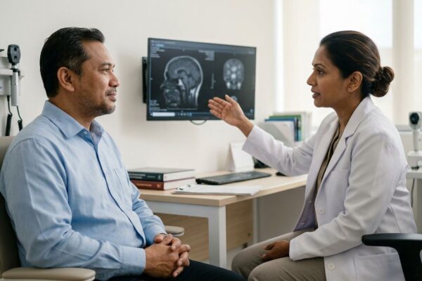A Malaysian patient listens to an ENT specialist beside an MRI monitor.