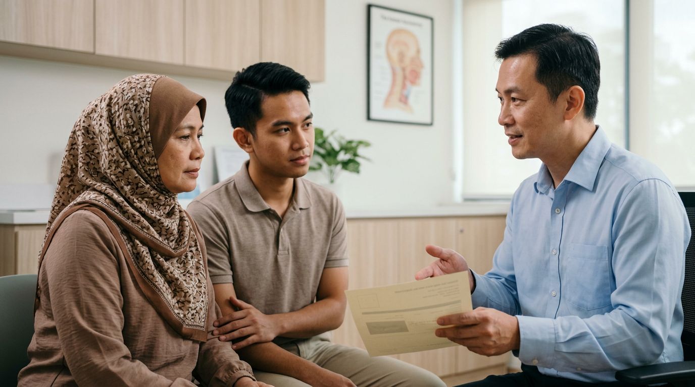 A doctor discusses biopsy results with a patient and family member.