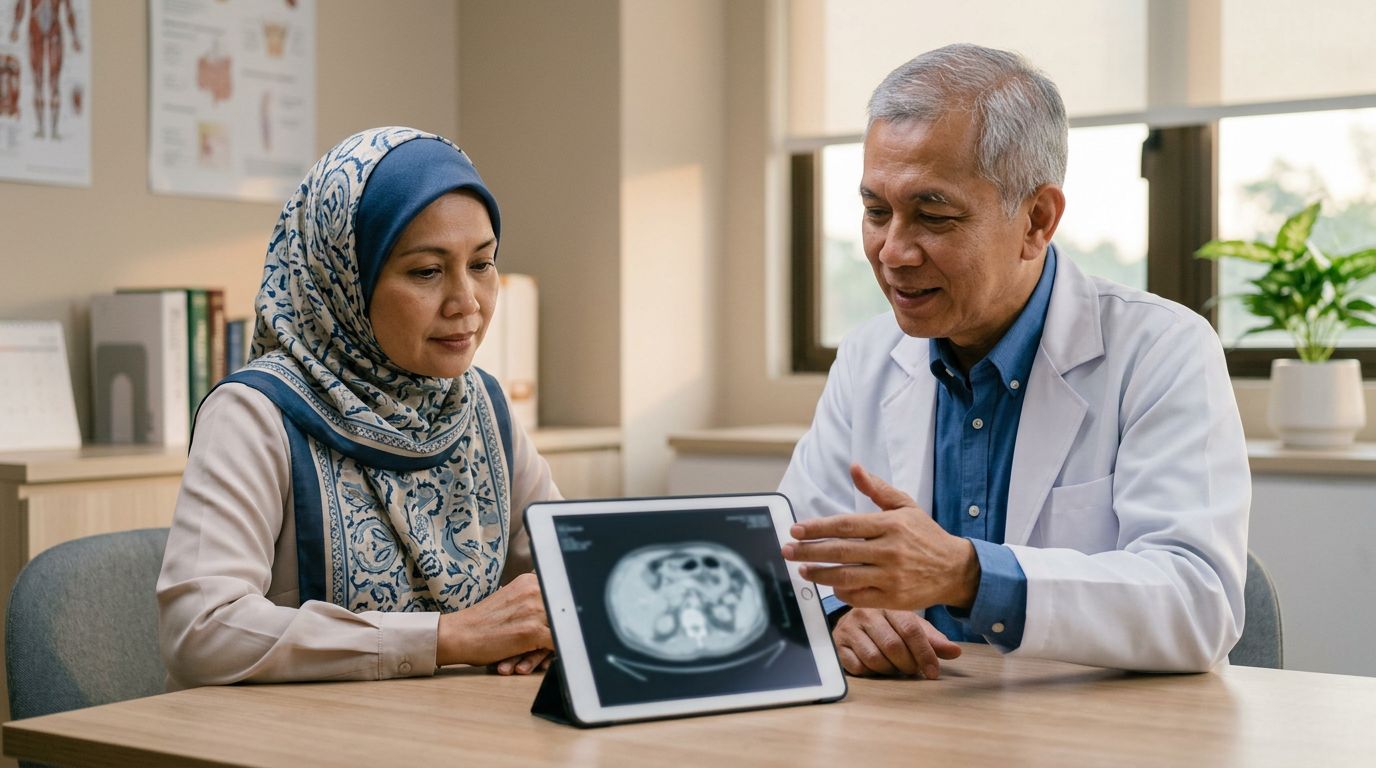 A Malaysian woman discusses a medical scan with an oncologist in a clinic.