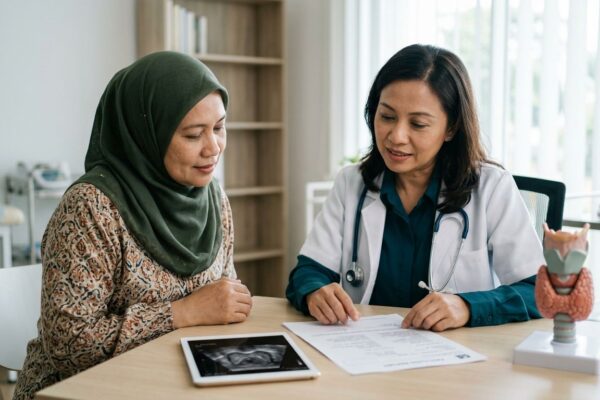 A woman and doctor review thyroid test results beside a thyroid model and ultrasound tablet.