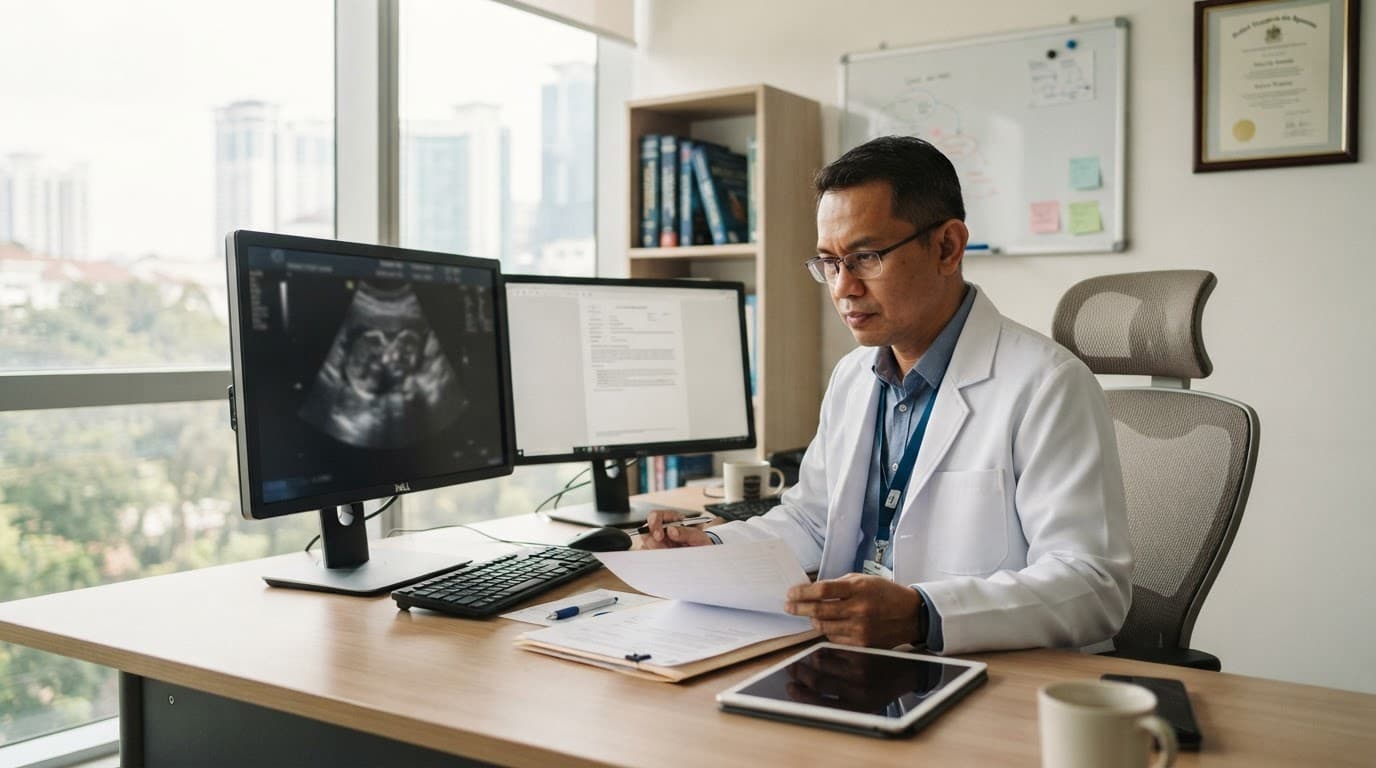 Doctor reviewing scans and reports alone at a hospital desk.