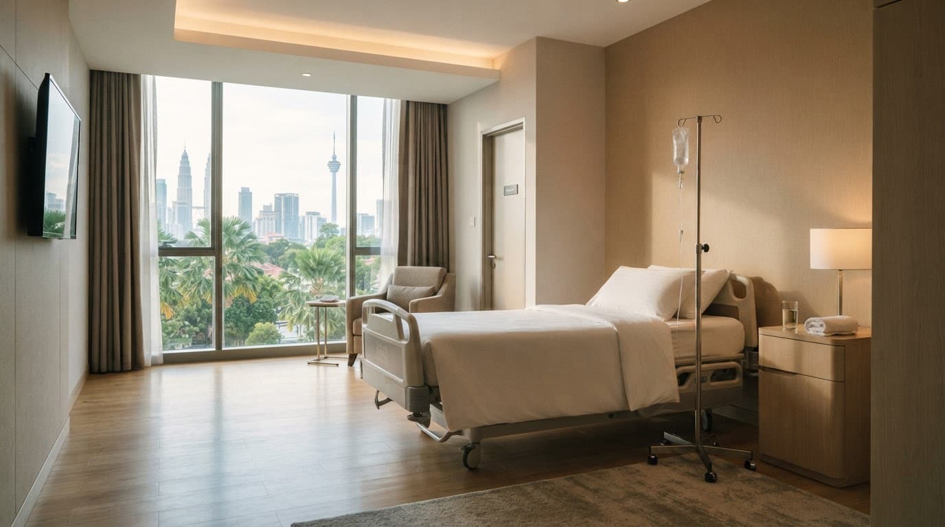 A clean hospital room with a neatly made bed, IV pole, and large window.