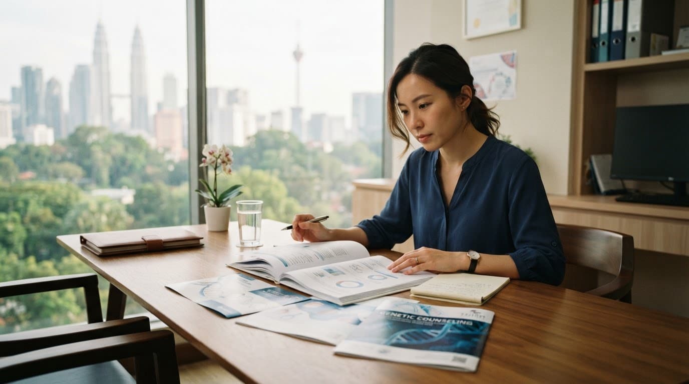 Patient reviewing medical reports and genetic counseling brochures at a clinic desk.