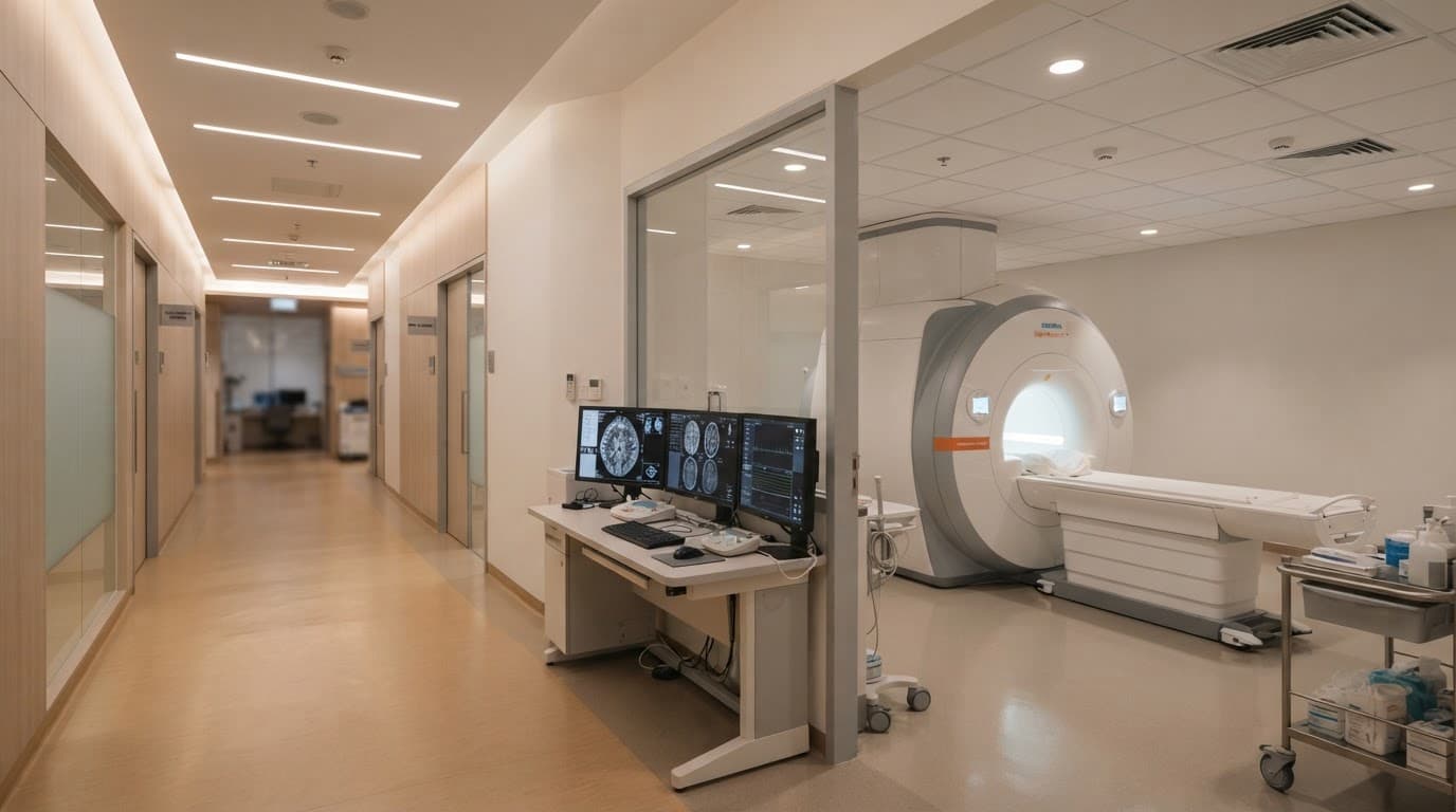 Modern imaging equipment and a console in a clean, warmly lit hospital hallway.