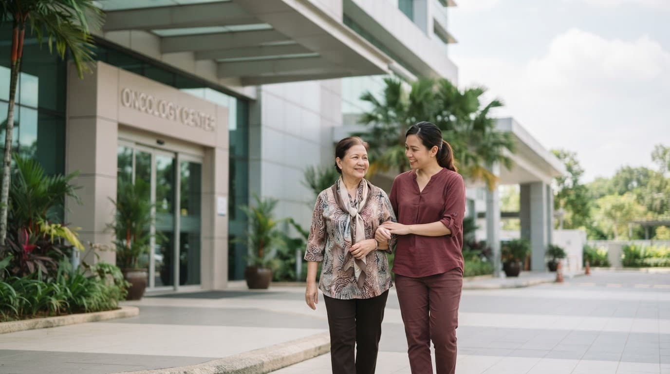 A patient and family member stand outside a modern oncology hospital.