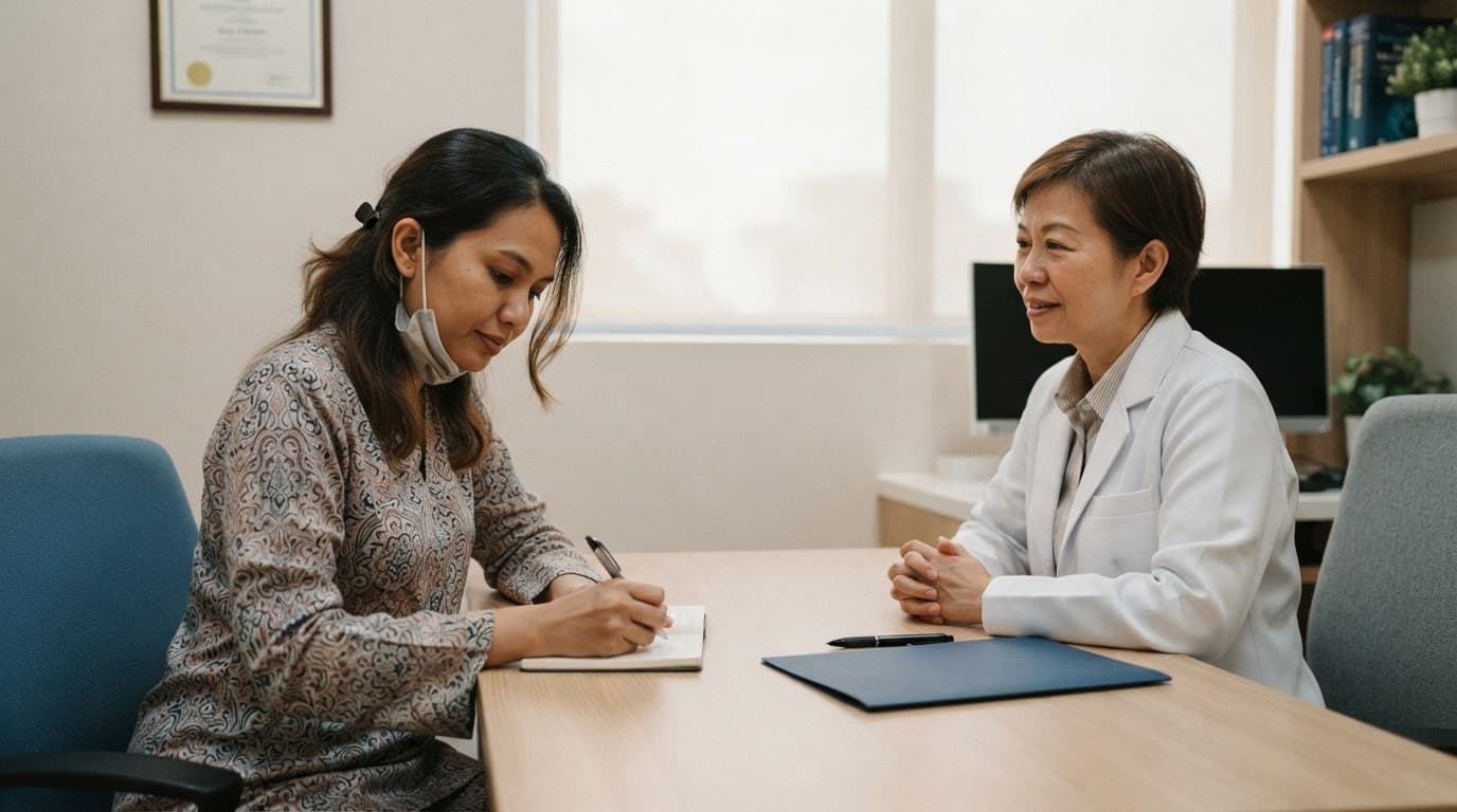 A patient writes questions while a specialist listens across a hospital consultation desk.