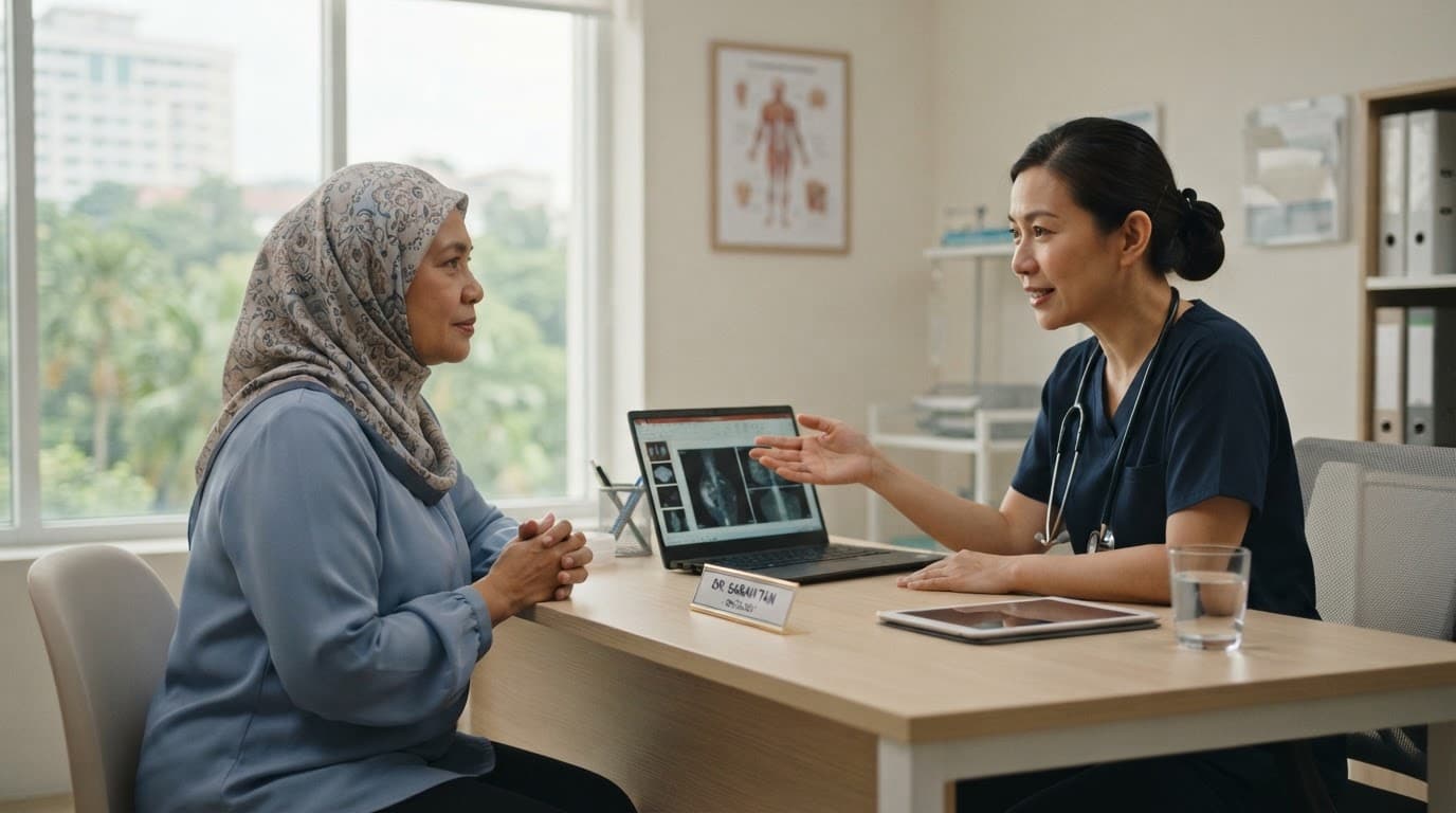 A doctor and patient calmly discuss scan results in a bright consultation room.