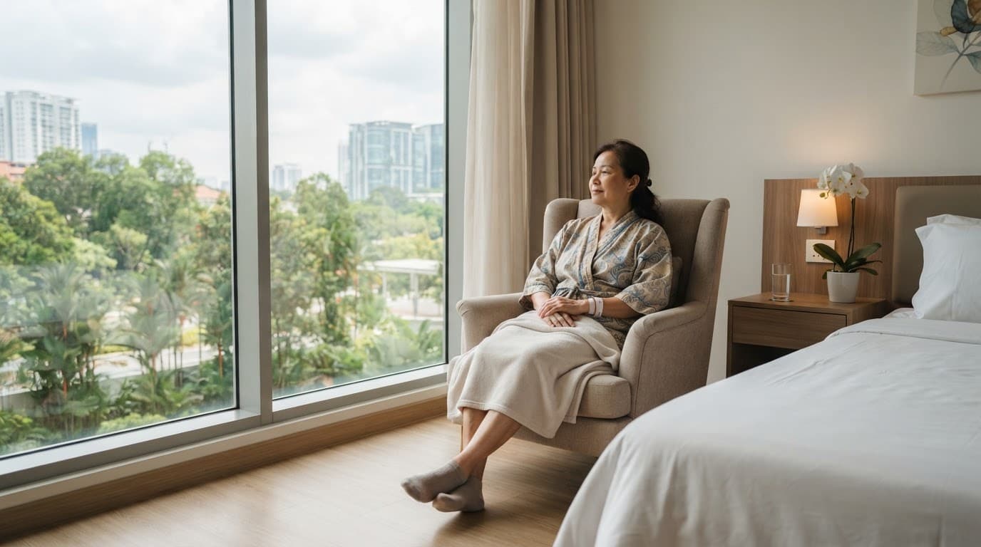 A patient rests beside a large window in a bright hospital recovery room.