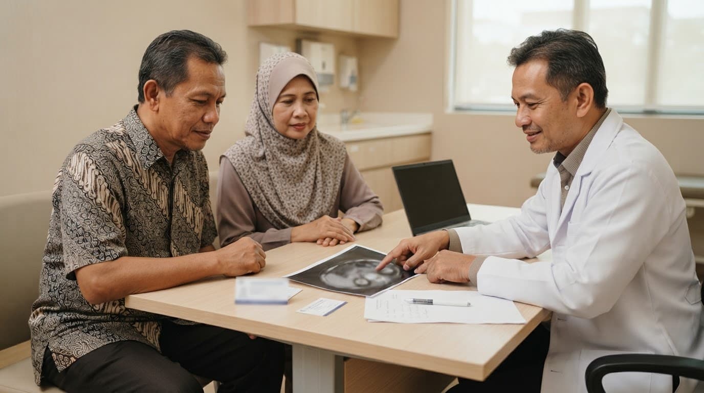 A doctor reviews scan images with a patient and caregiver in a hospital consultation room.