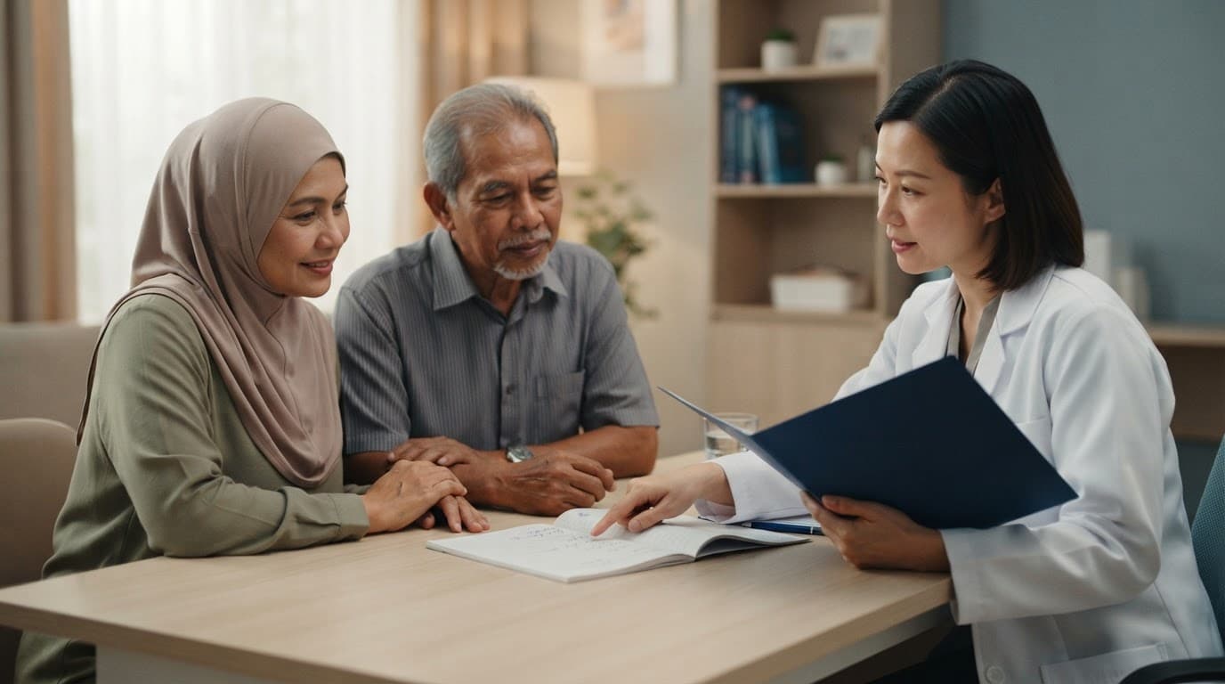 An oncologist reviews a folder with one patient and one caregiver at a clinic desk.