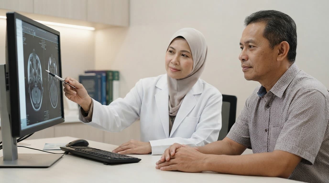 A doctor discusses grayscale scan images with a patient in a quiet hospital room.