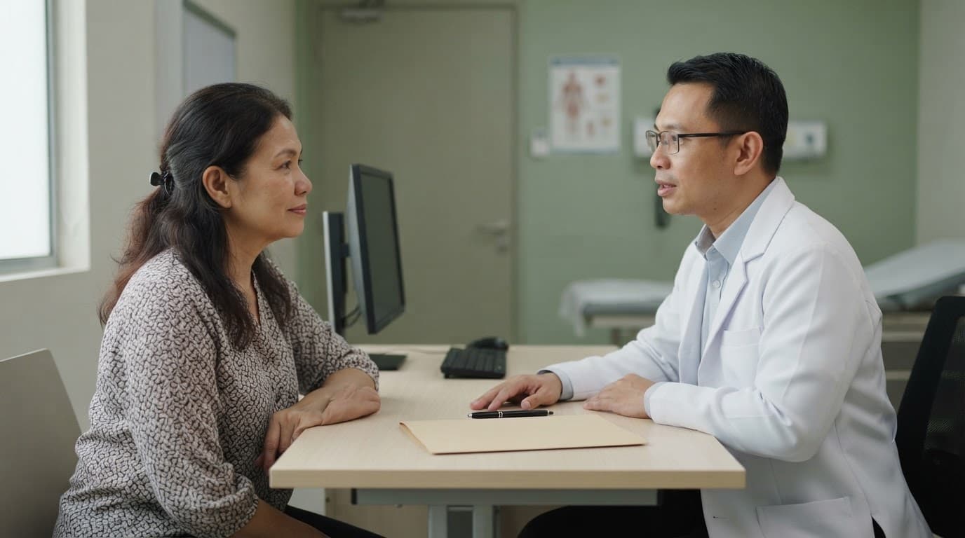 Patient and urologist discuss symptoms across a consultation desk.