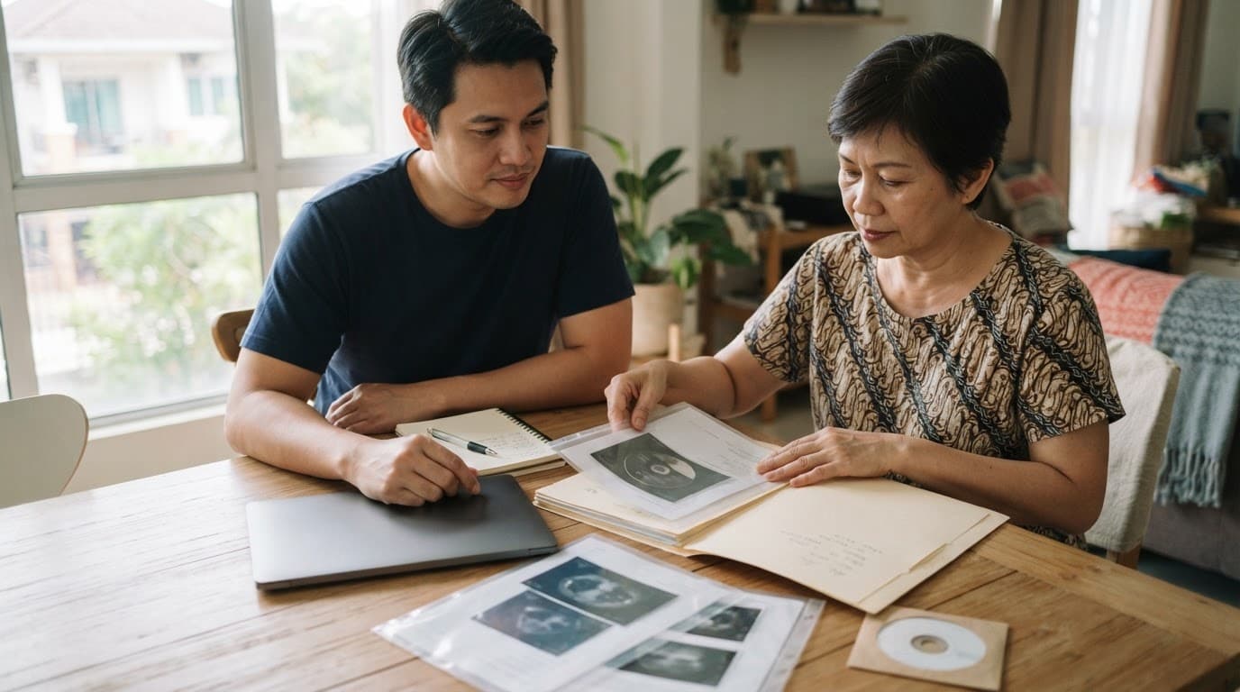 Two adults organize medical records and scan discs at a bright dining table.