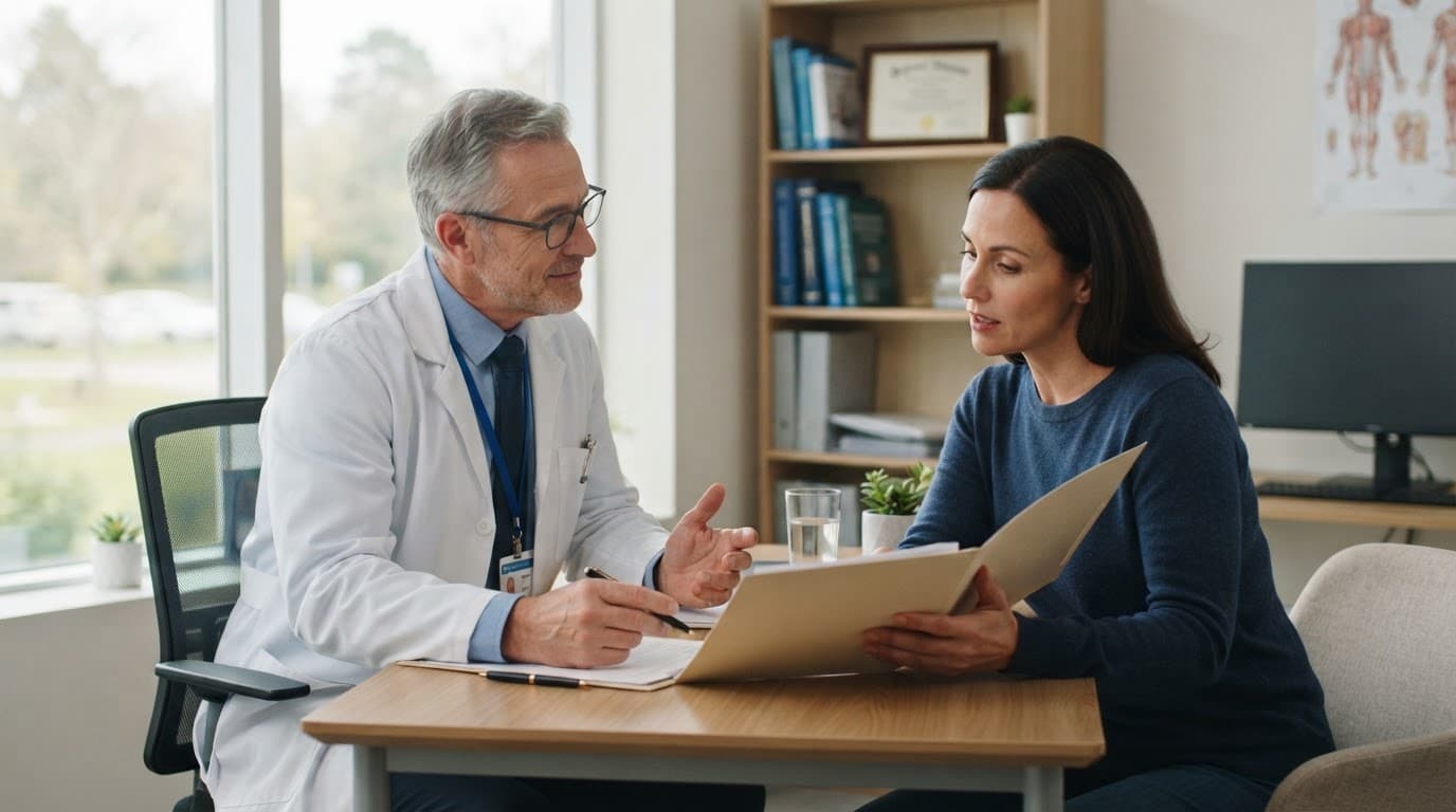 A family member discusses a medical report with a doctor in a private consultation room.