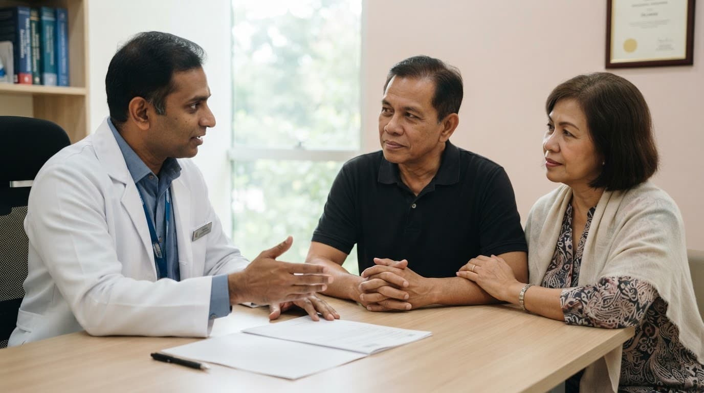 An oncologist discusses a cancer treatment report with an older Malaysian couple.