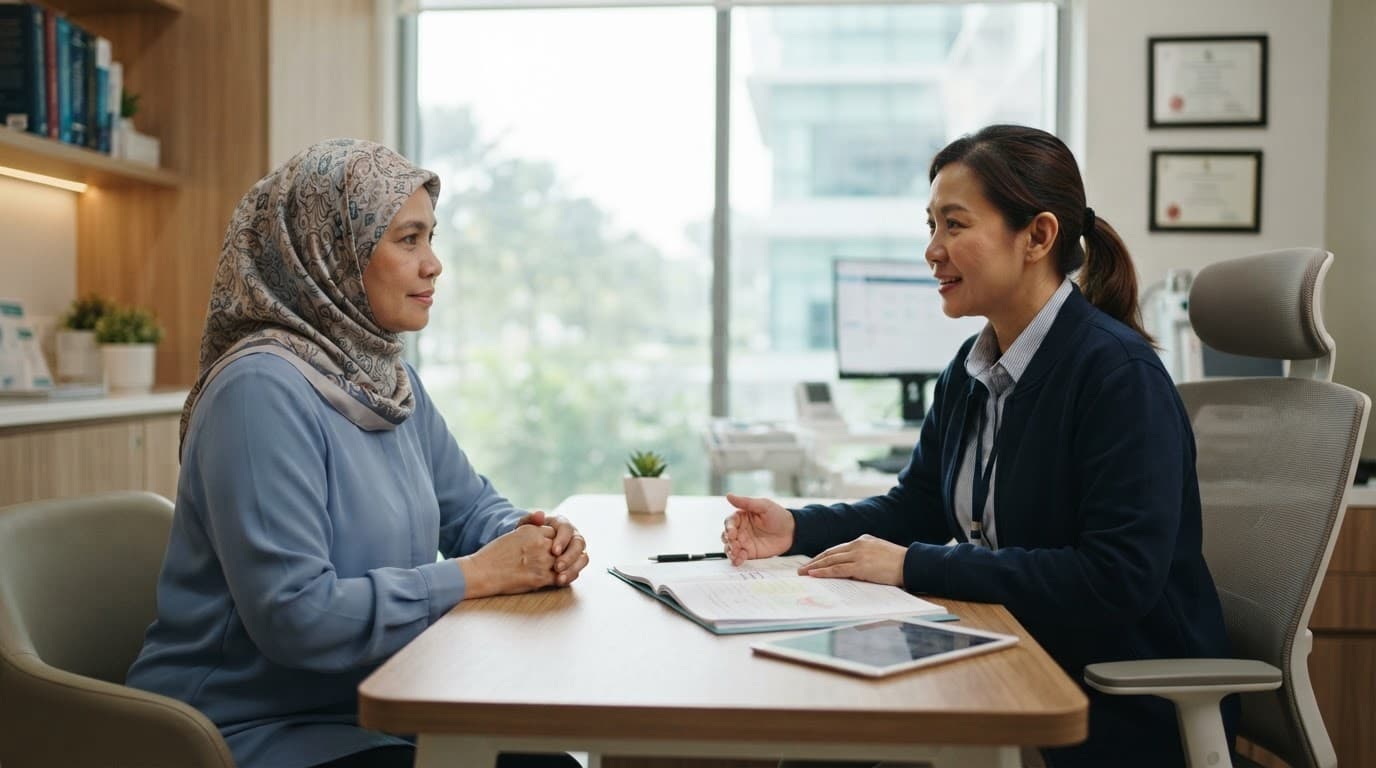 A woman speaks with an oncologist across a desk in a bright hospital consultation room.