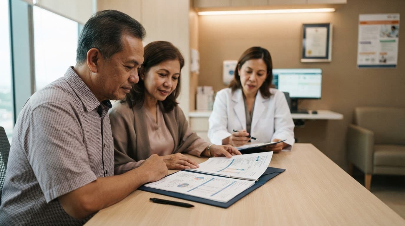 A patient and caregiver review a folder with a doctor nearby.