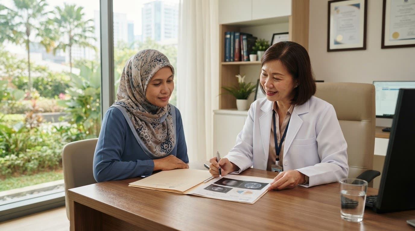 A patient and oncology doctor review a medical file in a bright clinic.