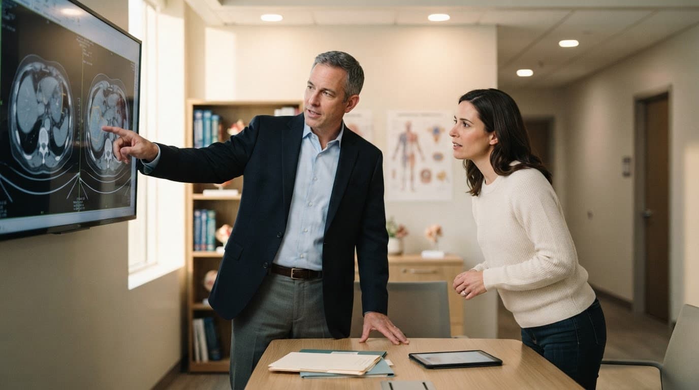 An oncology specialist explains a CT scan to a family member in a warm consultation room.