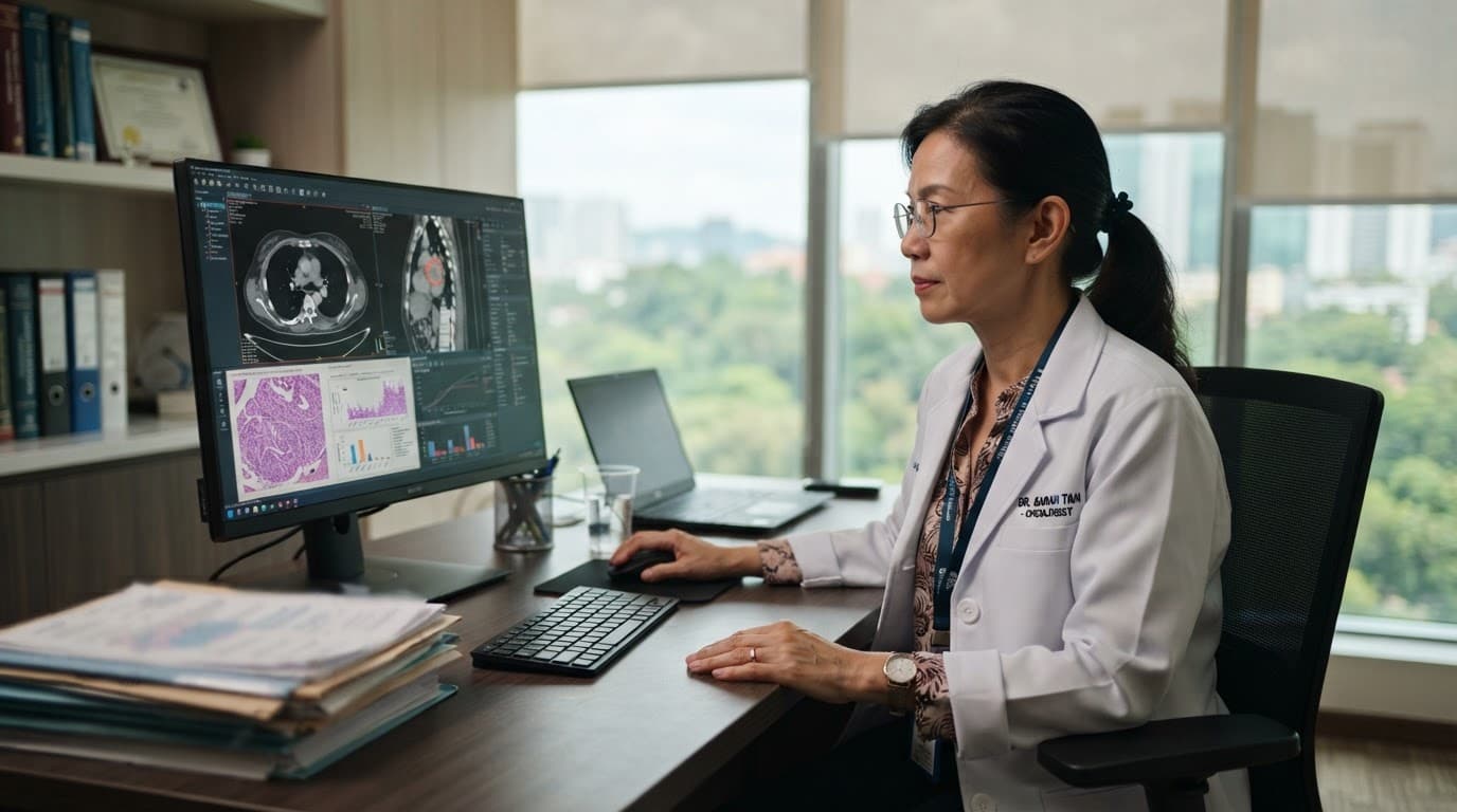 Oncology specialist reviewing scans and pathology reports at a computer in a hospital office.