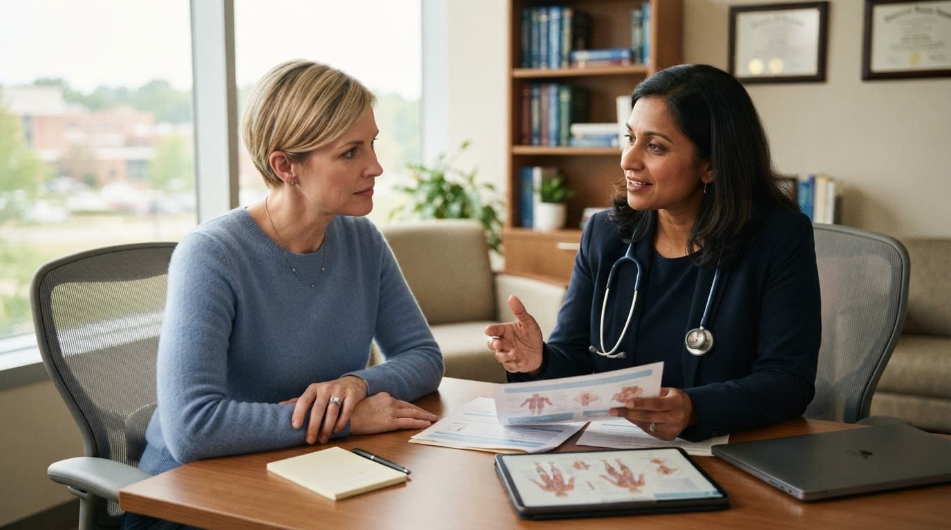 A woman discusses treatment options with a doctor in a softly lit consultation office.