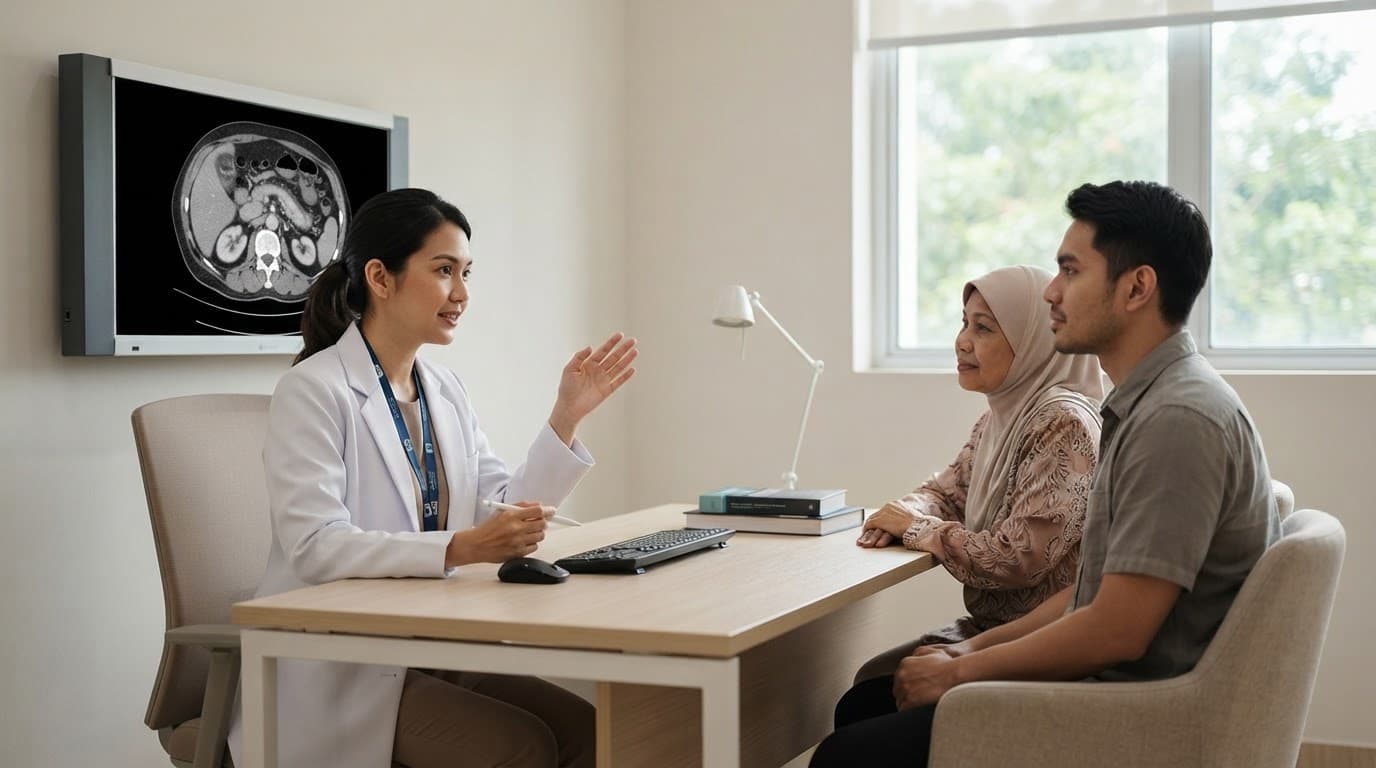 A radiologist discusses pancreatic CT images with a patient and caregiver in a bright hospital room.