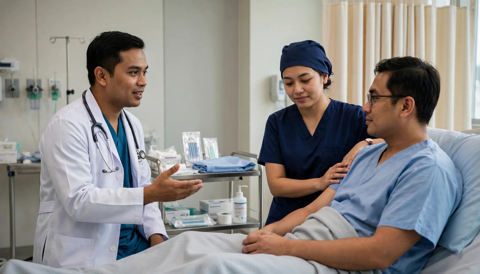 A patient discusses bone marrow biopsy preparation with a doctor and nurse in a clinic room.