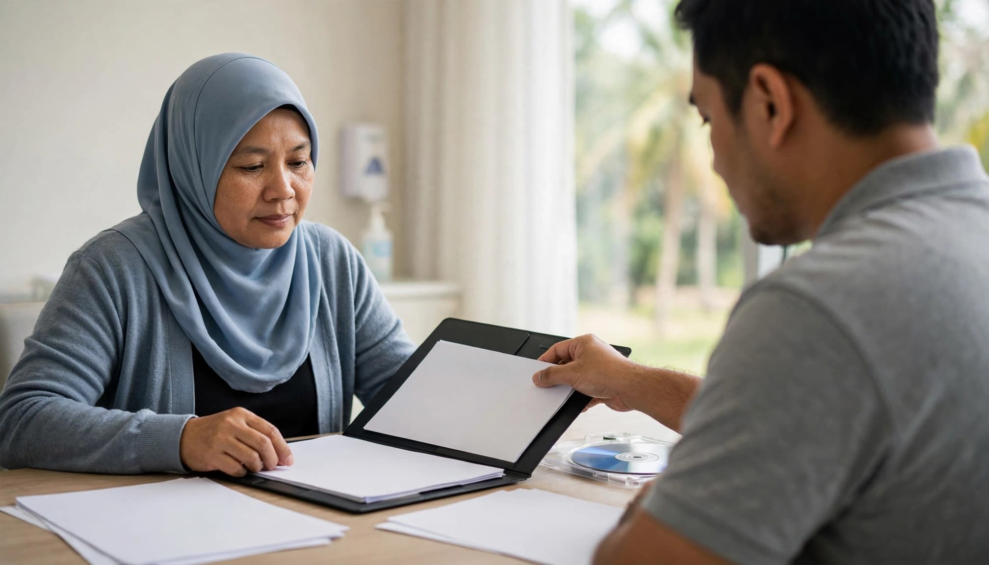 Patient and caregiver organize medical records at a hospital table.