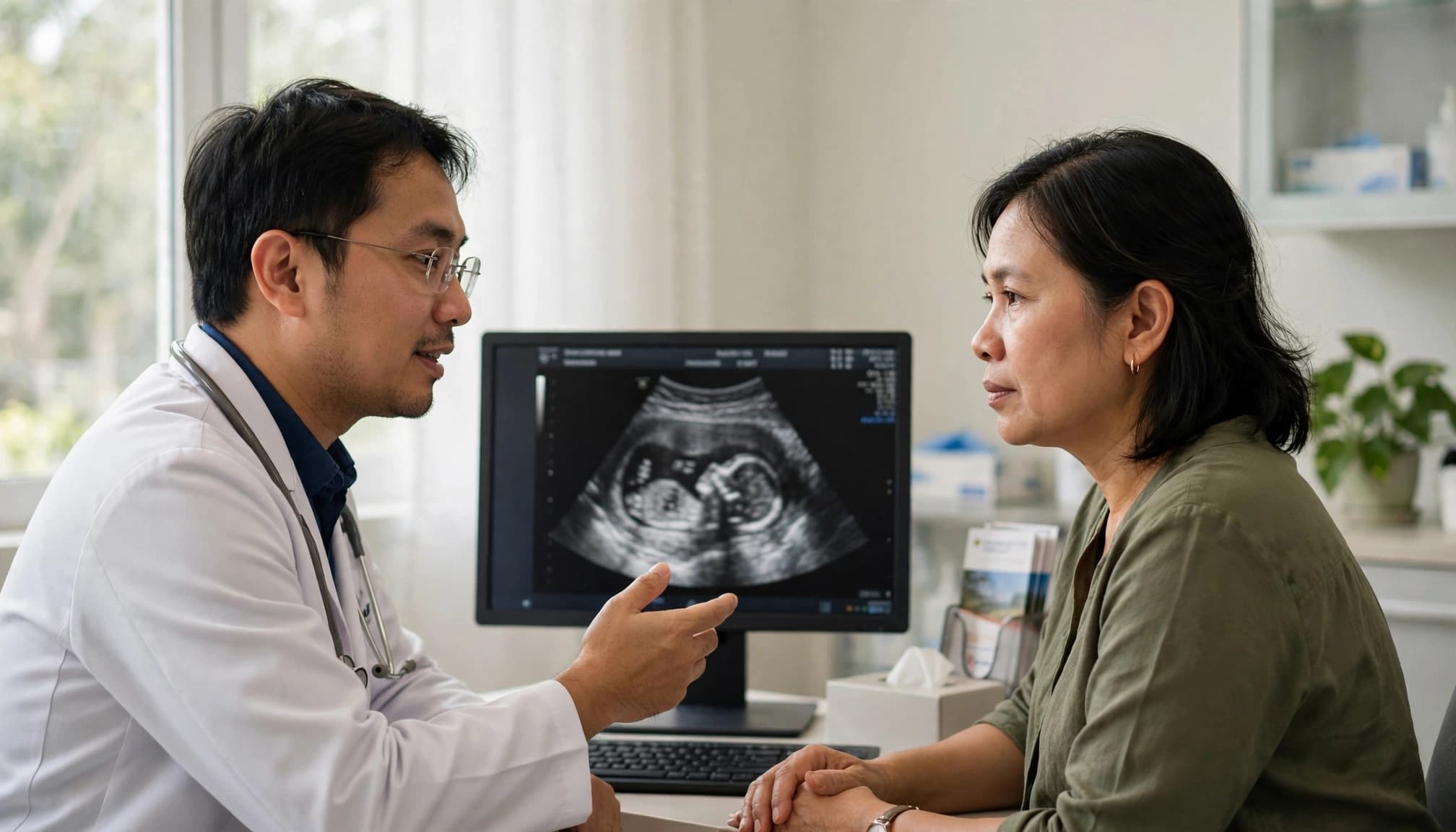 A specialist and patient discuss grey ultrasound images on a monitor.