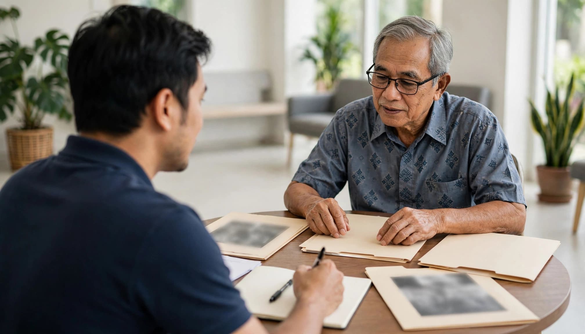 An older father and adult son organize medical folders at a round table in a bright clinic.