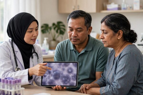 A Malaysian doctor explains blood testing to a patient with a caregiver nearby.