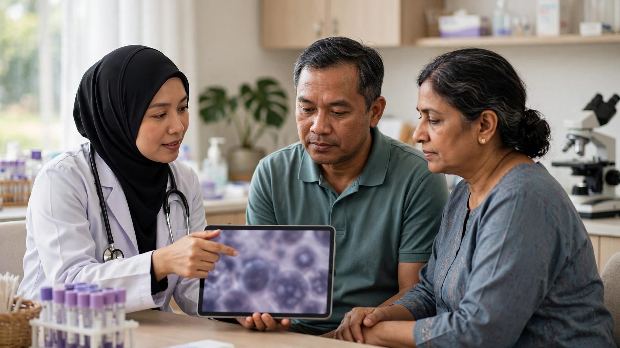 A Malaysian doctor explains blood testing to a patient with a caregiver nearby.