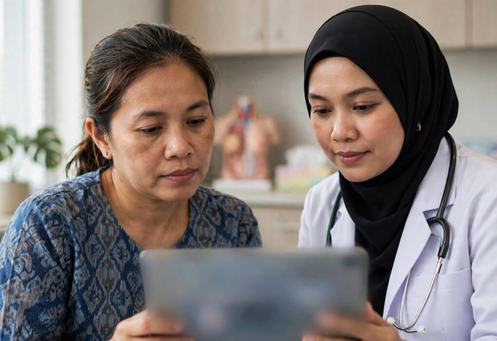 A woman and oncologist review a blurred report on a tablet.