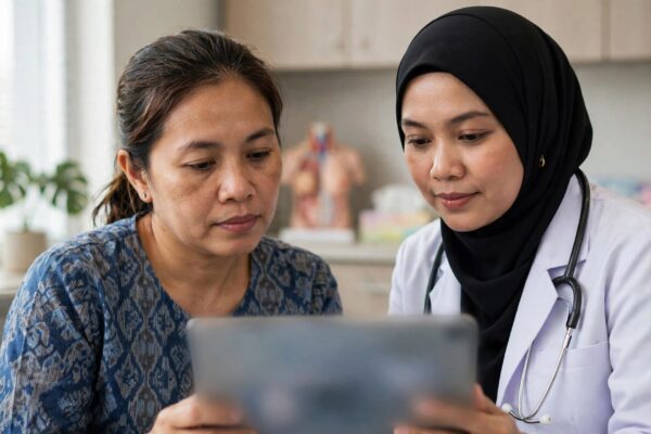 A woman and oncologist review a blurred report on a tablet.